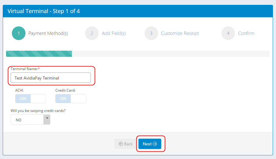Linked2Pay Virtual Terminal Step