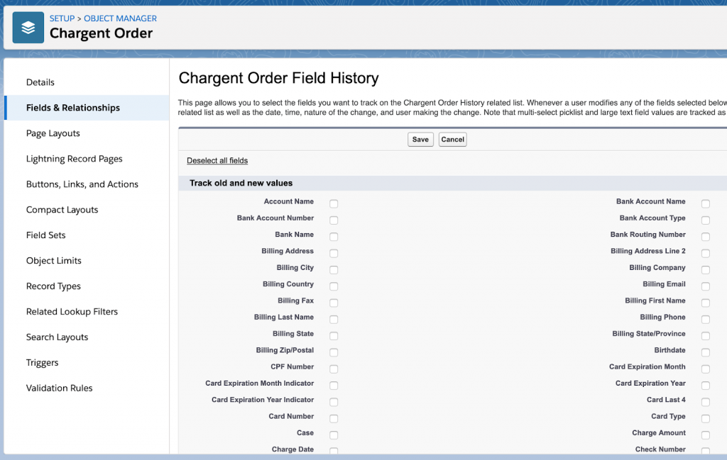 Chargent Order Set Field History Tracking Salesforce
