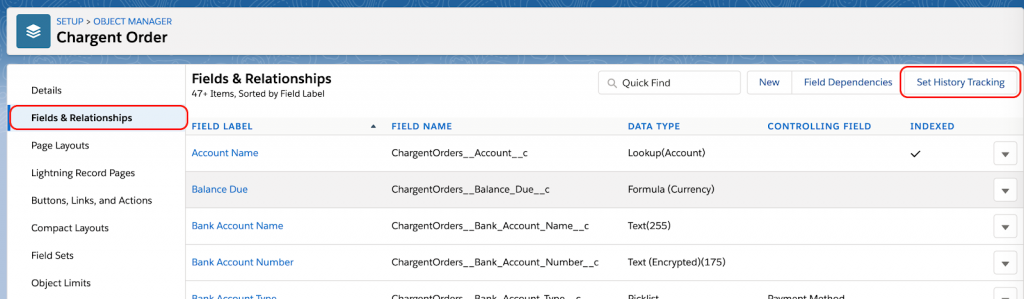 Set Field Tracking Salesforce Chargent Orders