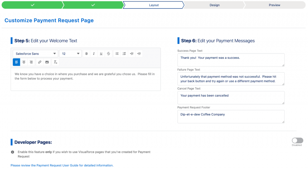 Customize Chargent Payment Request Page in Salesforce. Edit Payment Message Welcome Text