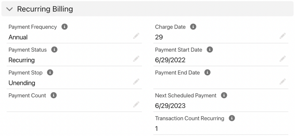Screenshot of recurring billing information in the Chargent Order record