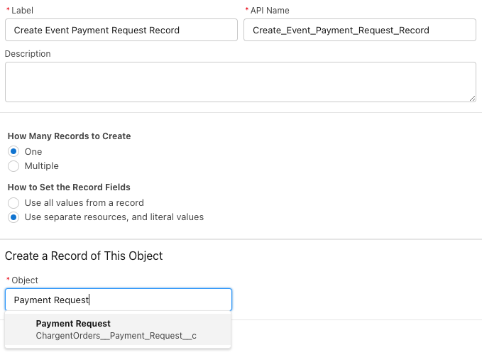 Screenshot of Payment Request: Create a record of this Object