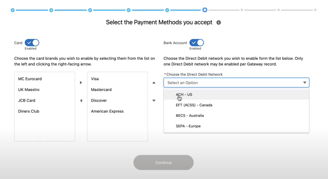 Select the Payment Methods you accept screen