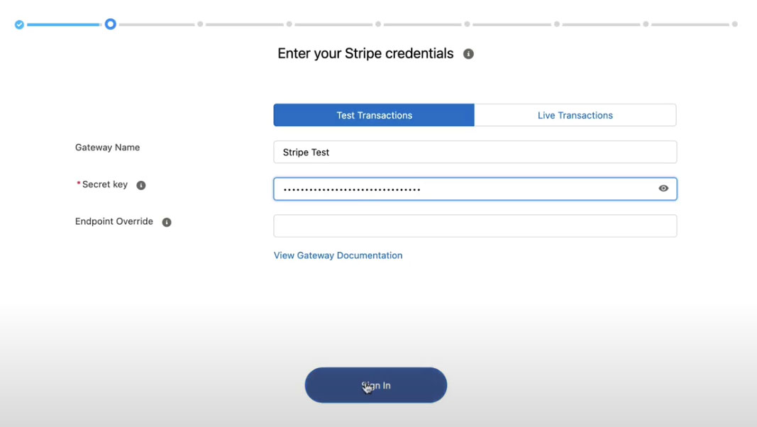 Entering Stripe credentials and sign-in screen