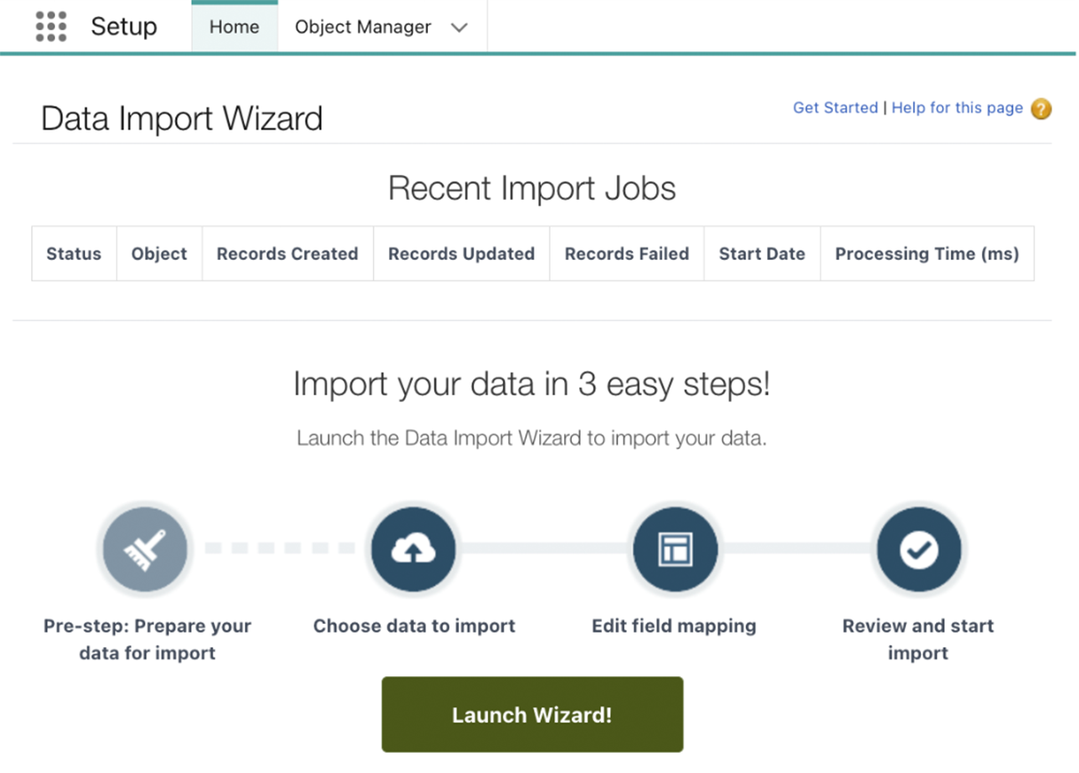 Salesforce Data Import Wizard interface showing recent import jobs and a step-by-step guide for importing data.