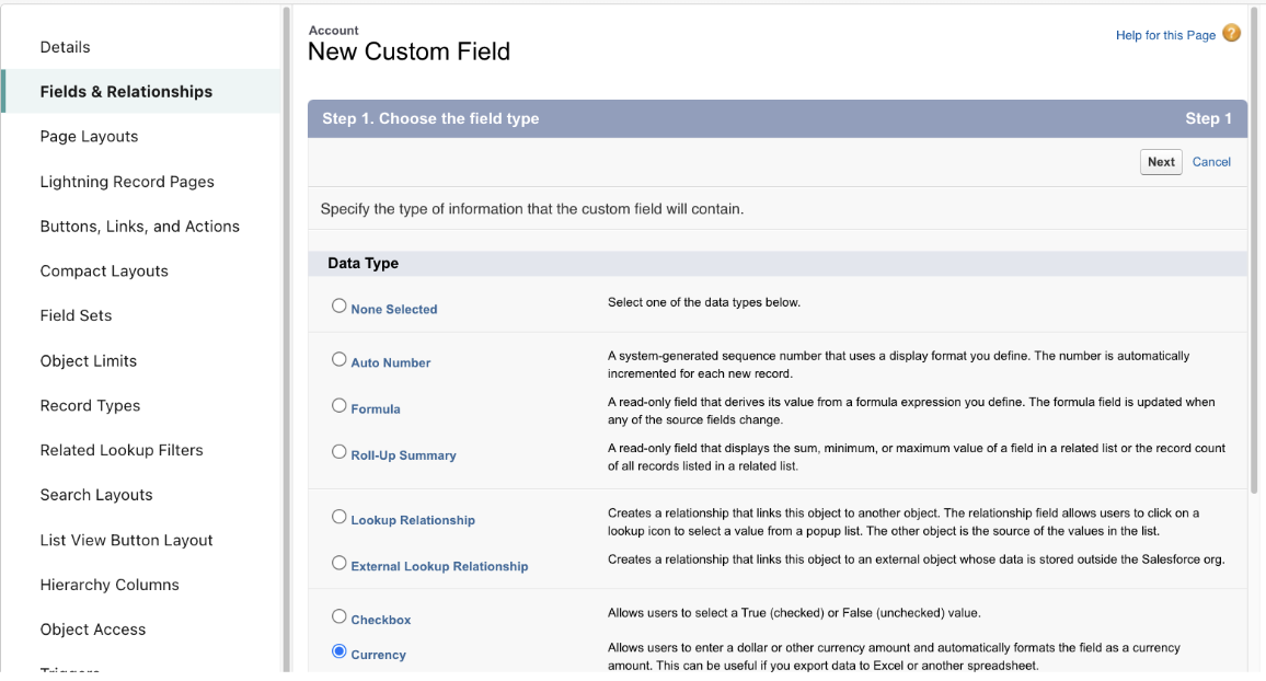 Image of Salesforce interface for creating a new custom field on an Account object. 