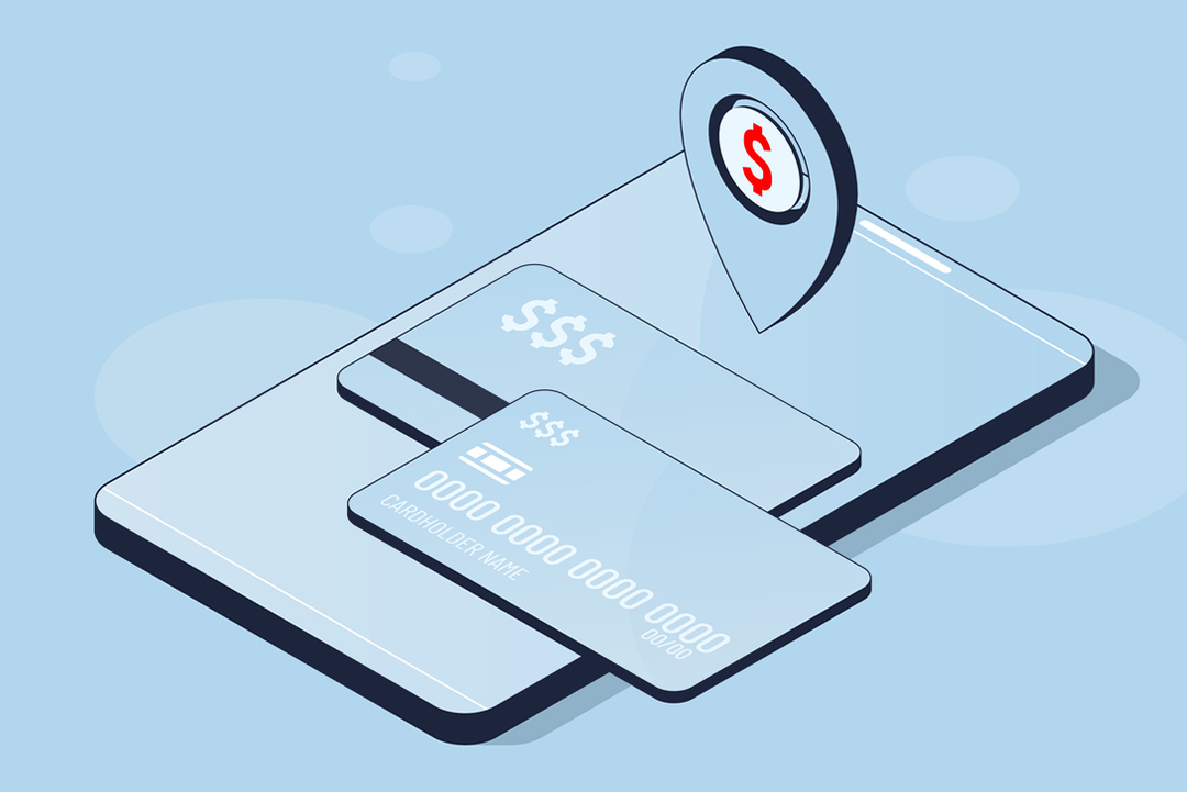 Image of smartphone, credit card, and payment location pin.