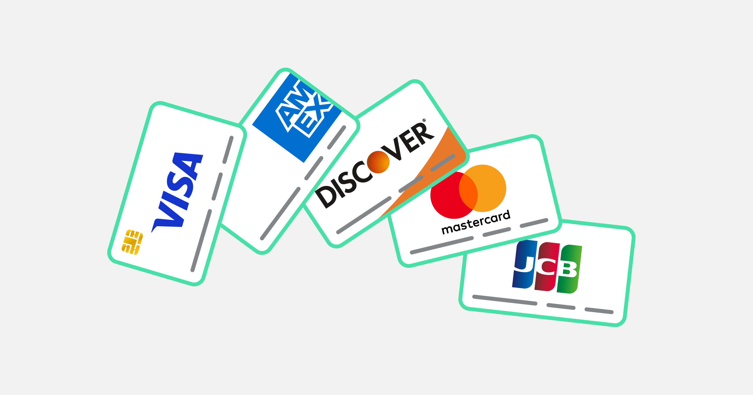 Image of Visa, Amex, Discover, Mastercard, and JCB cards.