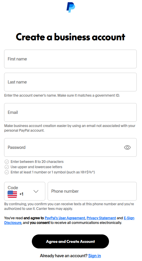 Create a PayPal Business Account